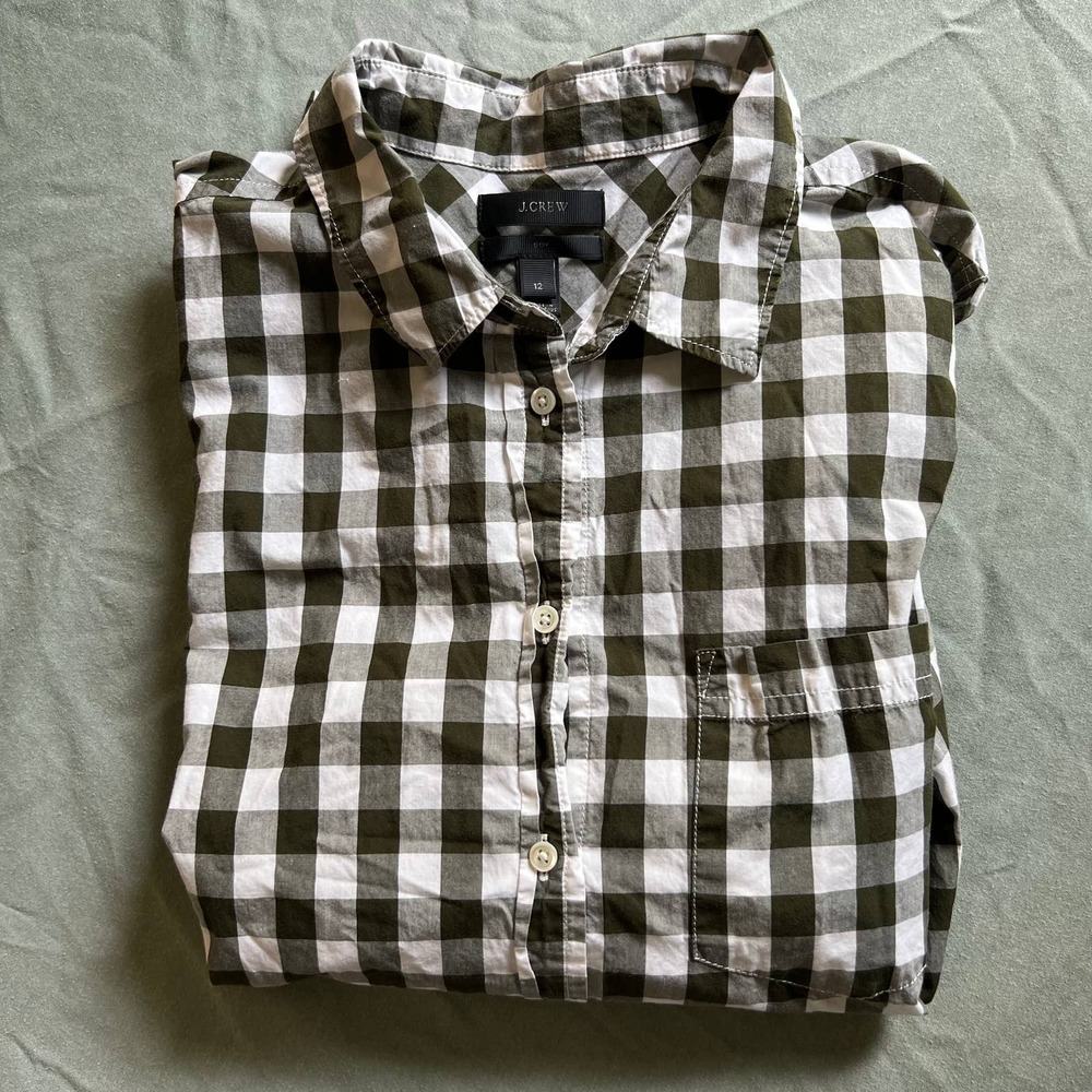 J Crew Olive Green Gingham Boy Ladies Button Down Dress Shirt Size 12